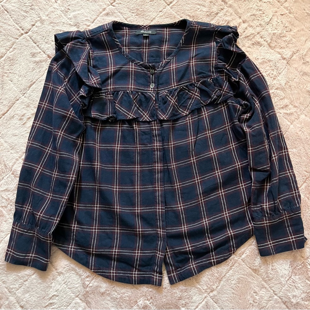 GUC Madewell Plaid Ruffle Long Sleeve Top Women’s Size M